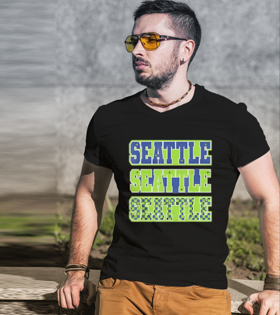 Seattle Blue Green Stars Checkerboard T-Shirt