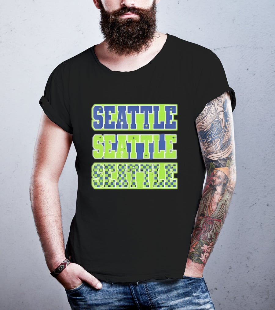 Seattle Blue Green Stars Checkerboard T-Shirt