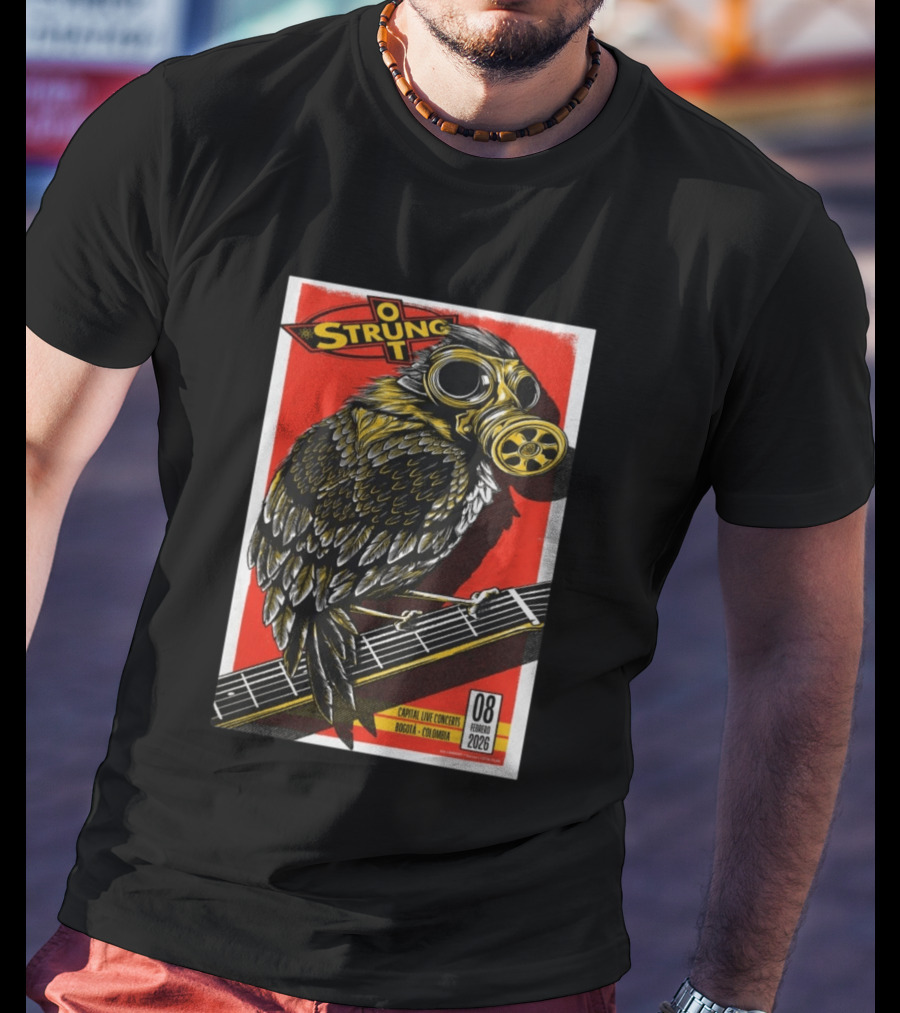 Strung Out February 8 2026 Capital Live Concerts Bogota Colombia Owl Gas Mask Guitar T-Shirt