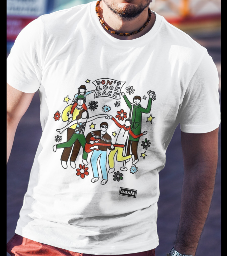Oasis Don't Look Back Band Scene With Instruments And Flowers T-Shirt