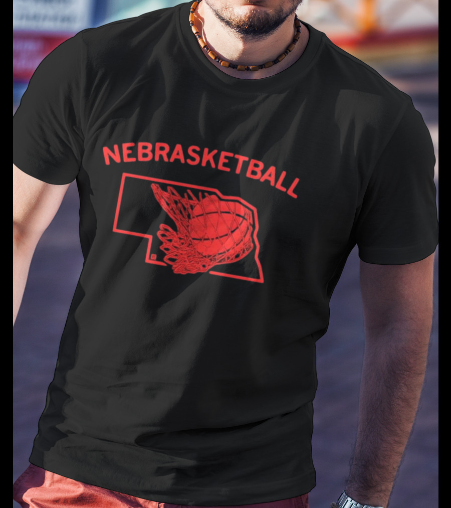 Nebrasketball Nebraska Basketball Red State Silhouette Basketball Net T-Shirt