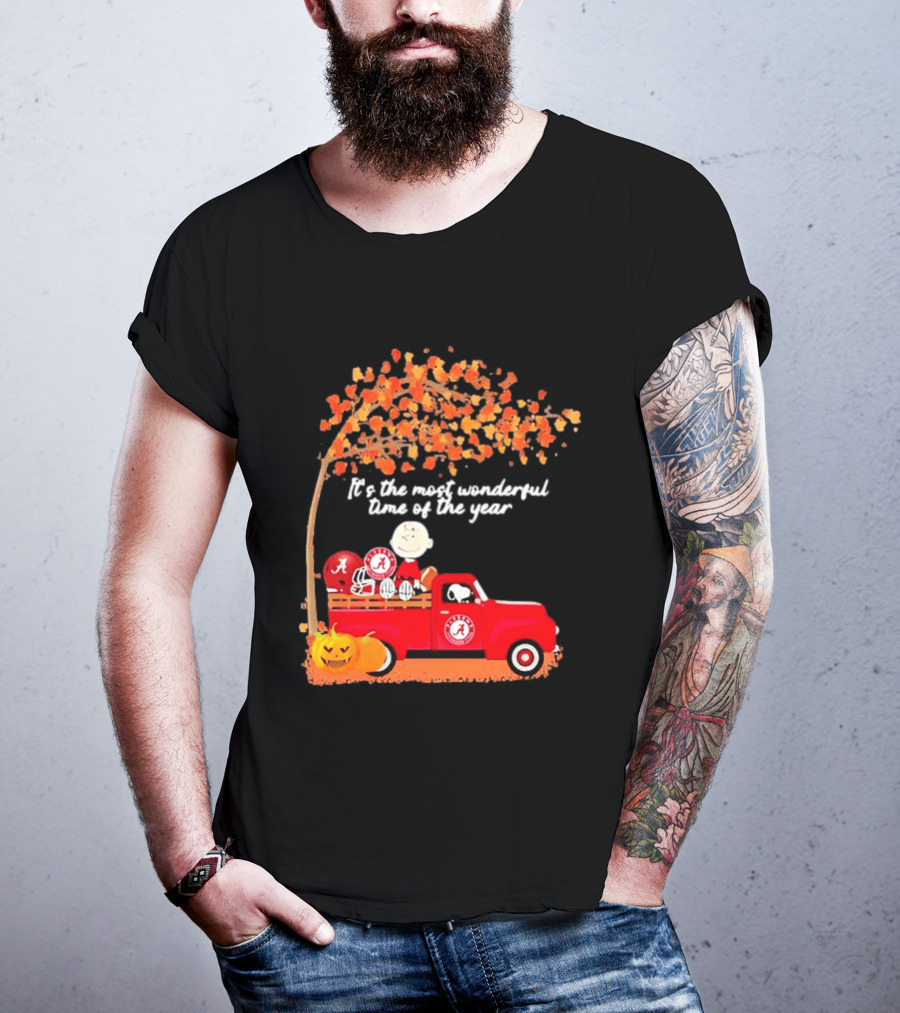 Peanuts Characters Alabama Crimson Tide Pickup Truck Fall Scene T-Shirt