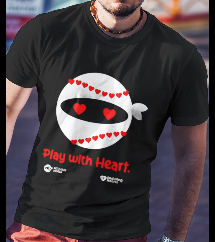 Pitching Ninja Play With Heart Red Love Hearts Baseball T-Shirt