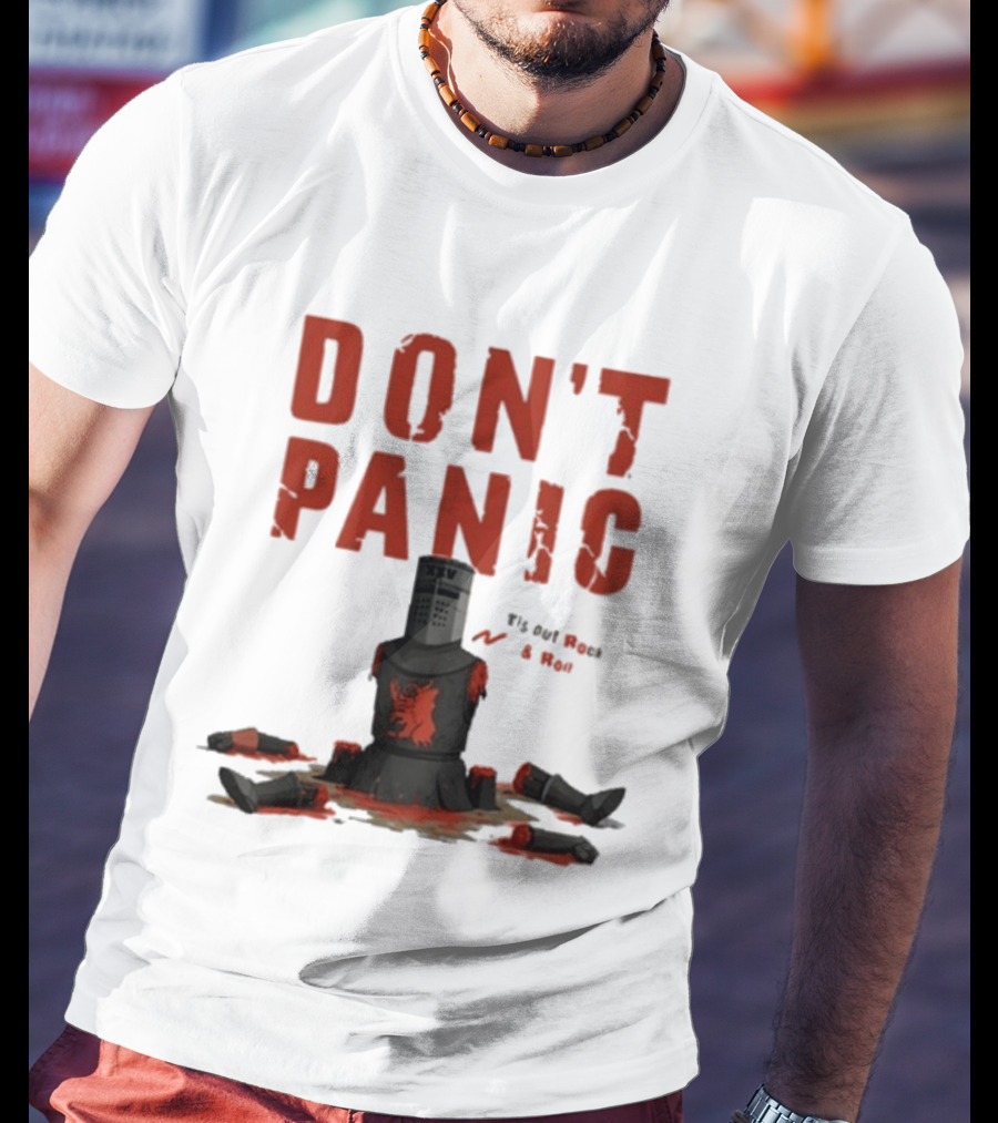 Don't Panic Monty Python Black Knight Sitting In Limbs T-Shirt