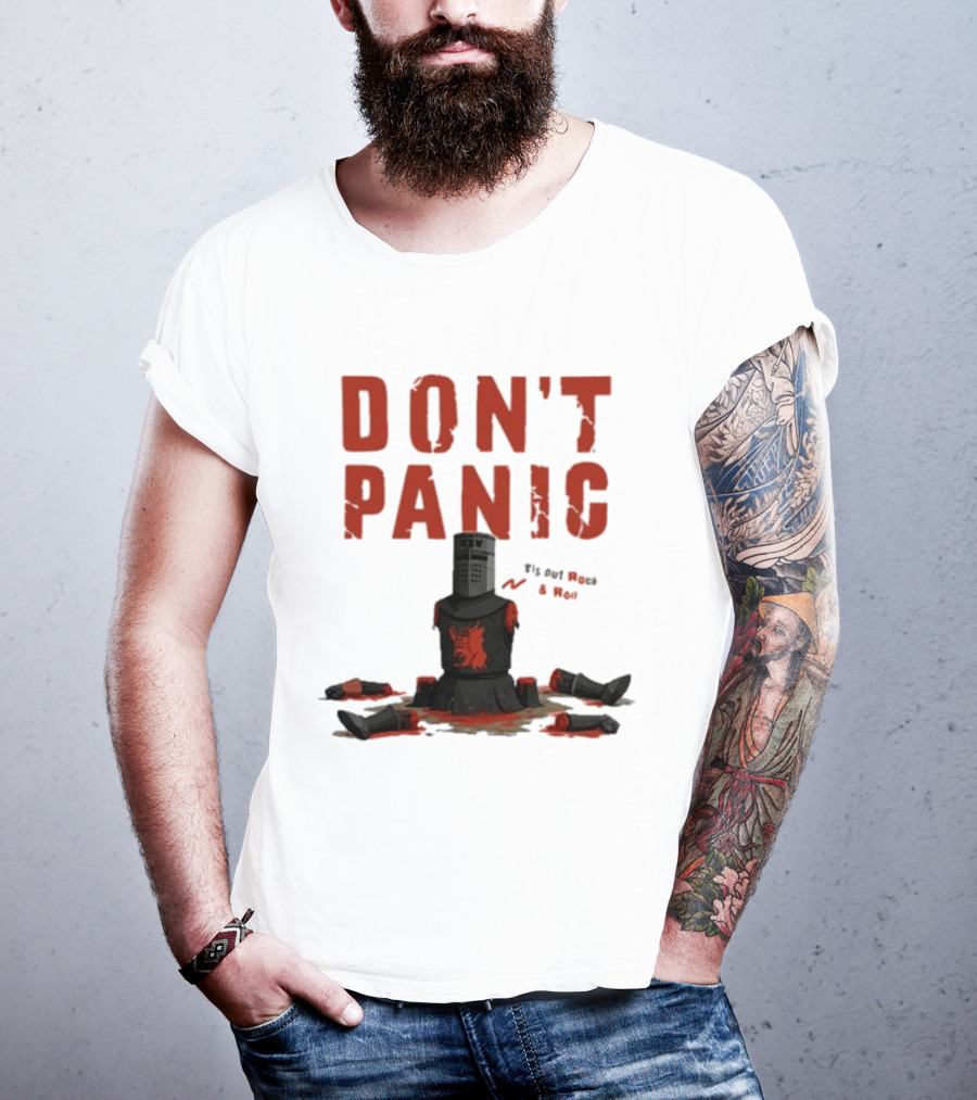 Don't Panic Monty Python Black Knight Sitting In Limbs T-Shirt