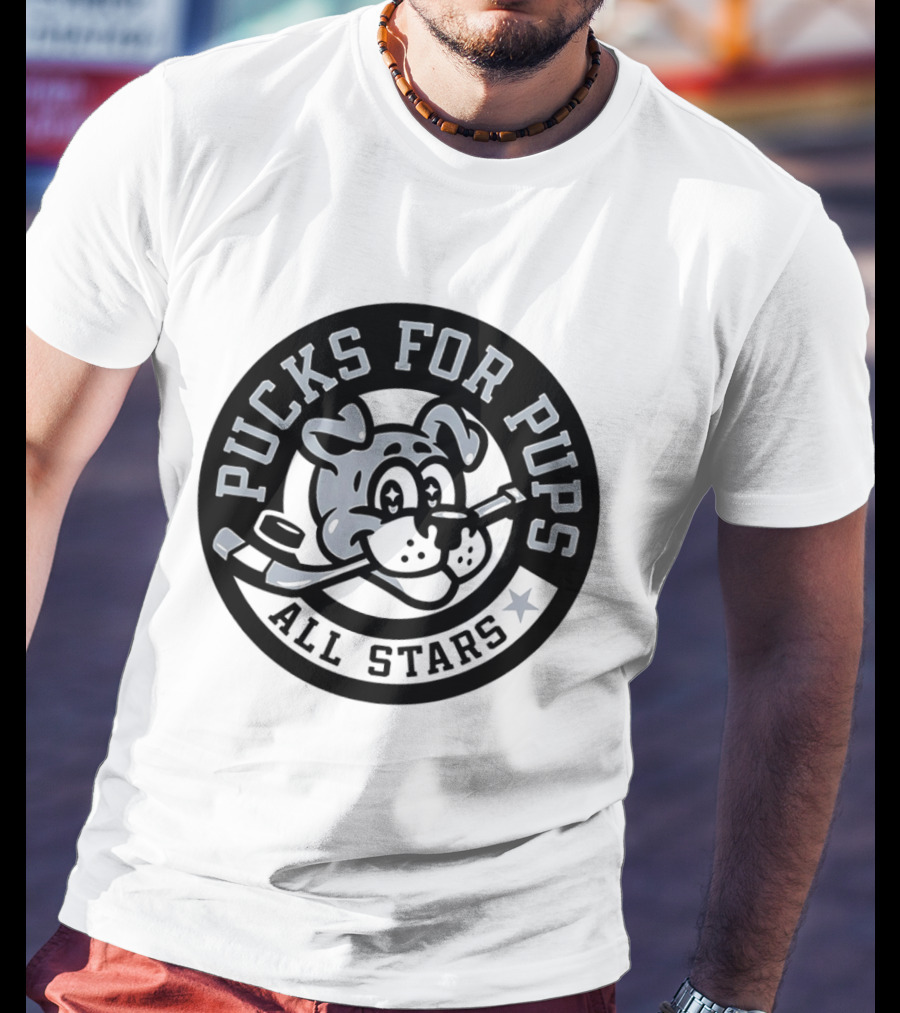 Pucks For Pups All Stars Hockey Dog With Hockey Stick T-Shirt