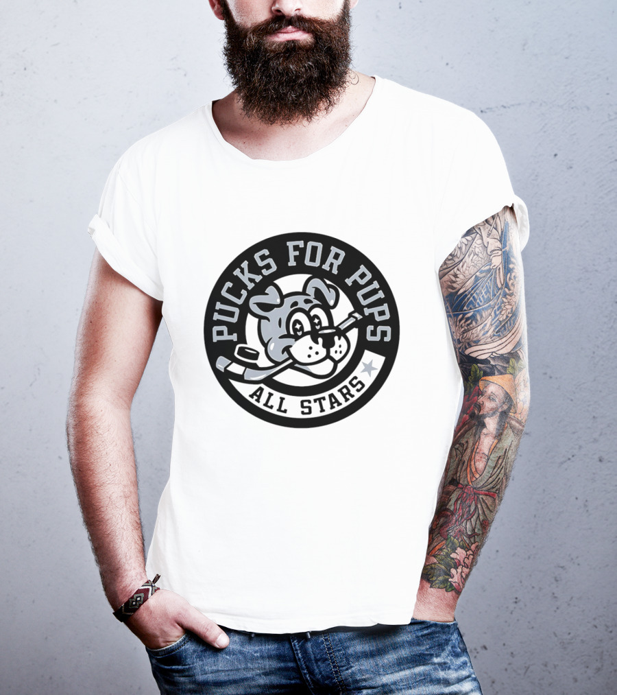 Pucks For Pups All Stars Hockey Dog With Hockey Stick T-Shirt