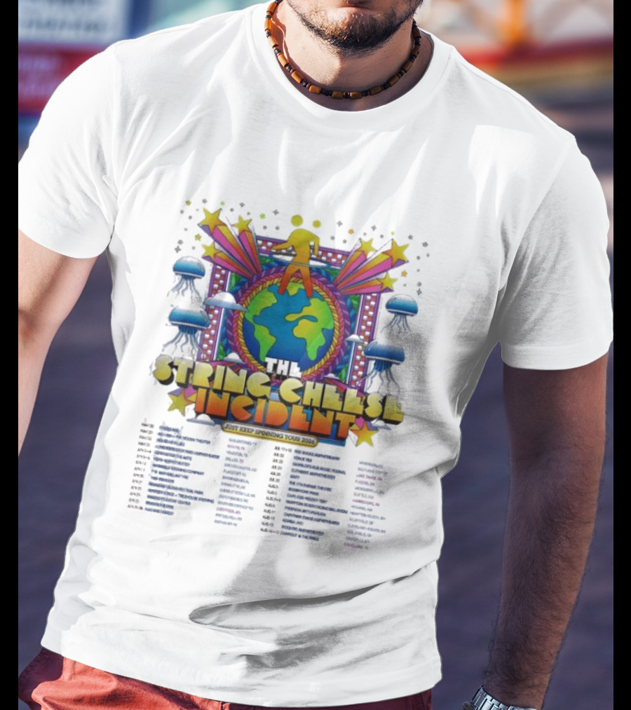 The String Cheese Incident Just Keep Spinning Tour 2026 North America Dates Psychedelic Globe And Jellyfish Motif T-Shirt