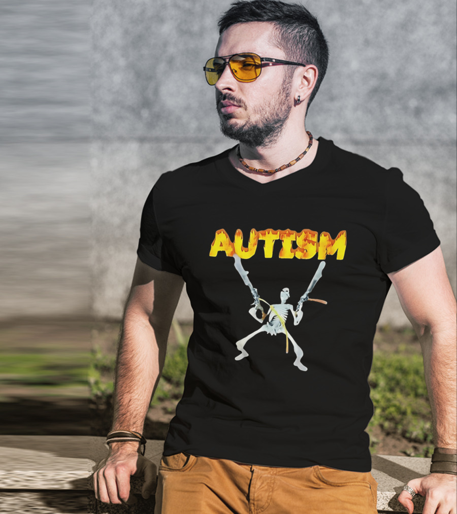 Autism Skeleton With Swords And Fire Letters T-Shirt