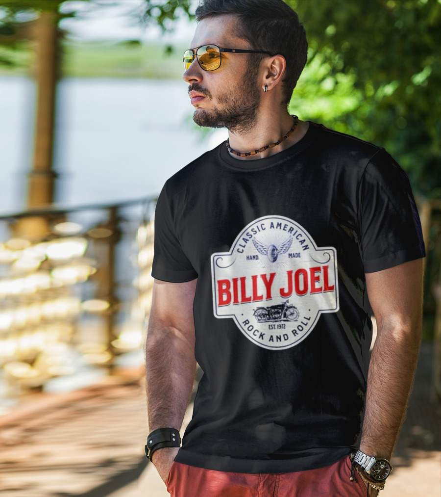 Billy Joel Classic American Hand Made Rock And Roll Est 1972 Motorcycle T-Shirt
