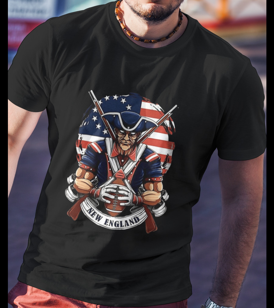 New England Patriots Revolutionary Soldier American Flag Football T-Shirt