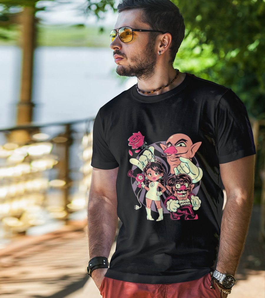 Henrique Torres Oh Be Wah Ve Vintage Cartoon Style Characters And Rose With Electric Plug T-Shirt