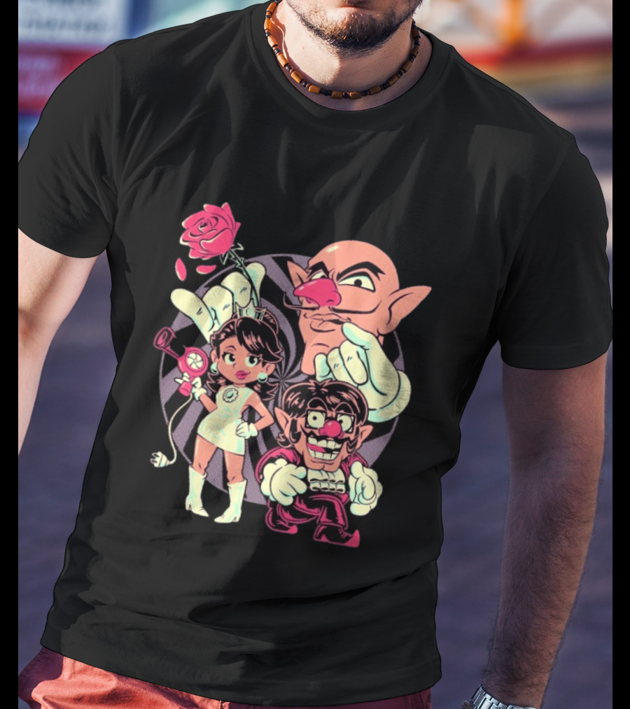 Henrique Torres Oh Be Wah Ve Vintage Cartoon Style Characters And Rose With Electric Plug T-Shirt