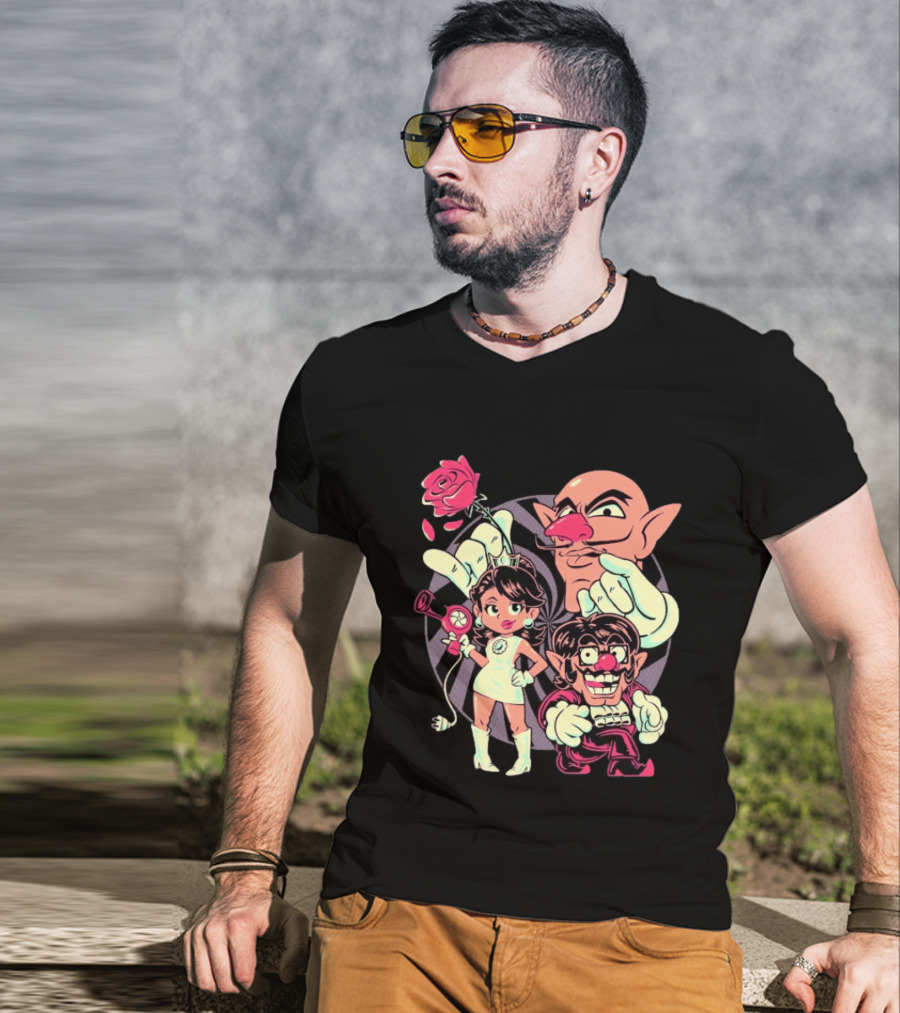 Henrique Torres Oh Be Wah Ve Vintage Cartoon Style Characters And Rose With Electric Plug T-Shirt