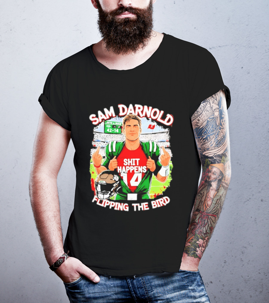 Sam Darnold Shit Happens 14 Flipping The Bird Stadium 42 14 T-Shirt