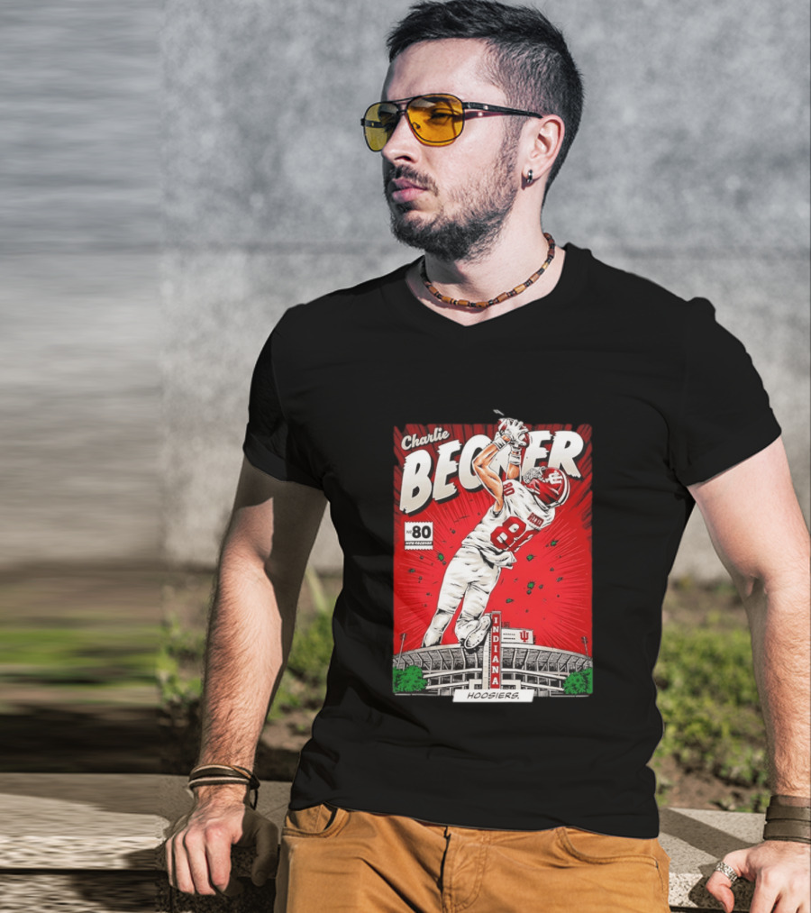 Charlie Becker Indiana Hoosiers No 80 Football Catch Comic Stadium Scene T-Shirt