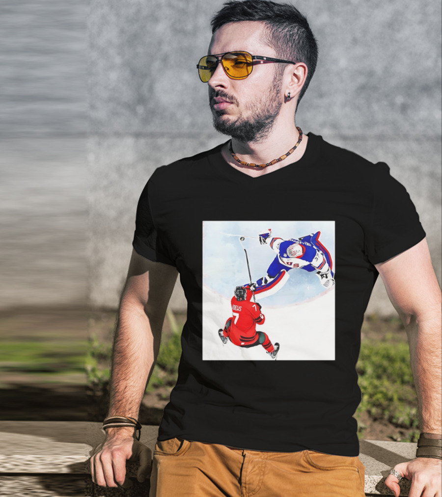 Connor Hellebuyck USA Goalie Save Hockey Match T-Shirt