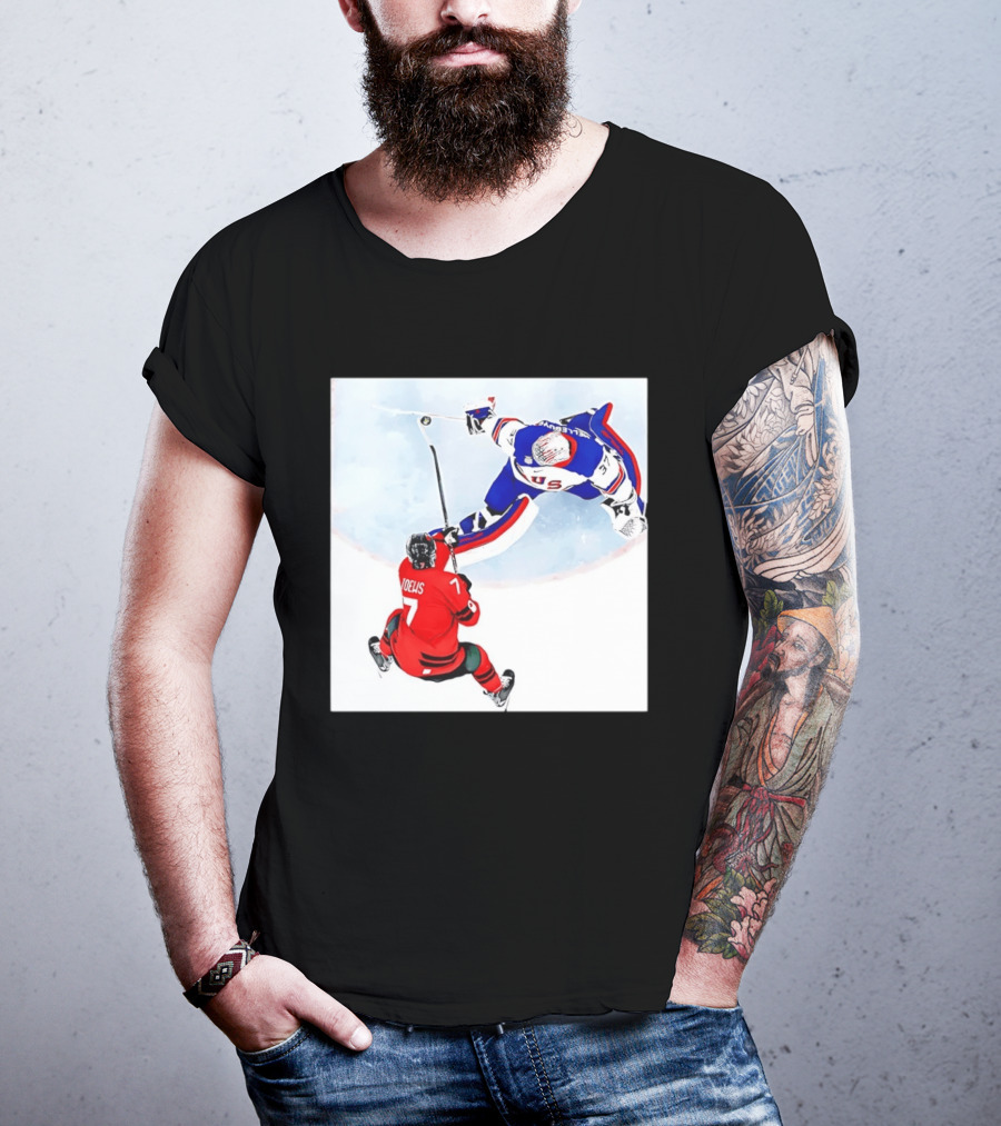 Connor Hellebuyck USA Goalie Save Hockey Match T-Shirt