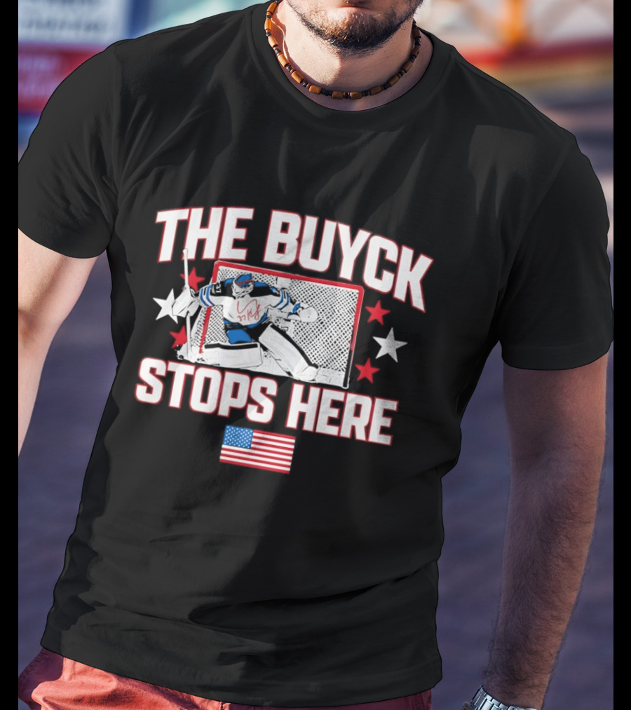 The Buyck Stops Here Winnipeg Jets Hockey Goalie USA Flag Stars T-Shirt