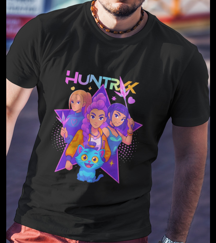 Huntrx Anime All Characters Vibrant Magical Trio And Blue Cat With Crystal Stars T-Shirt