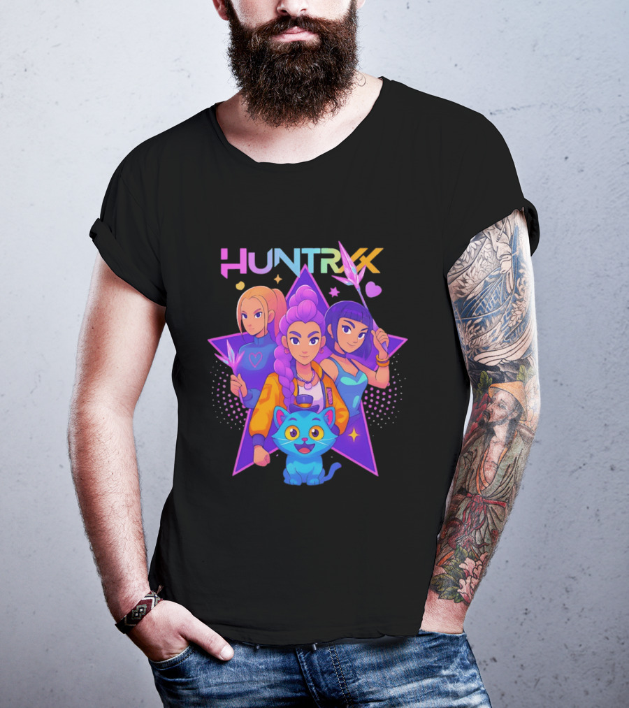 Huntrx Anime All Characters Vibrant Magical Trio And Blue Cat With Crystal Stars T-Shirt