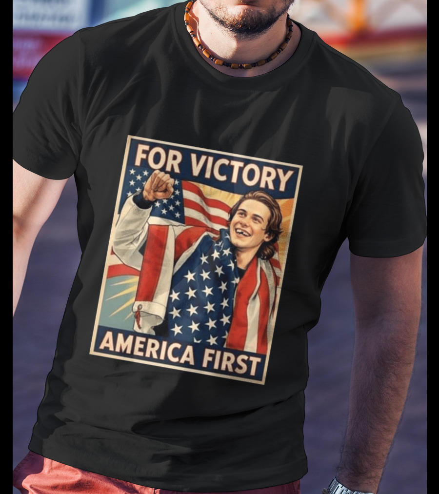 For Victory America First Patriotic Jack Hughes Victory Pose T-Shirt