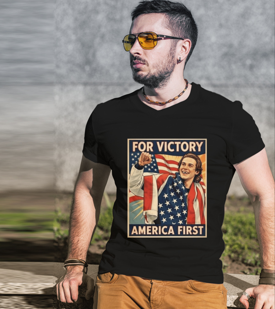 For Victory America First Patriotic Jack Hughes Victory Pose T-Shirt