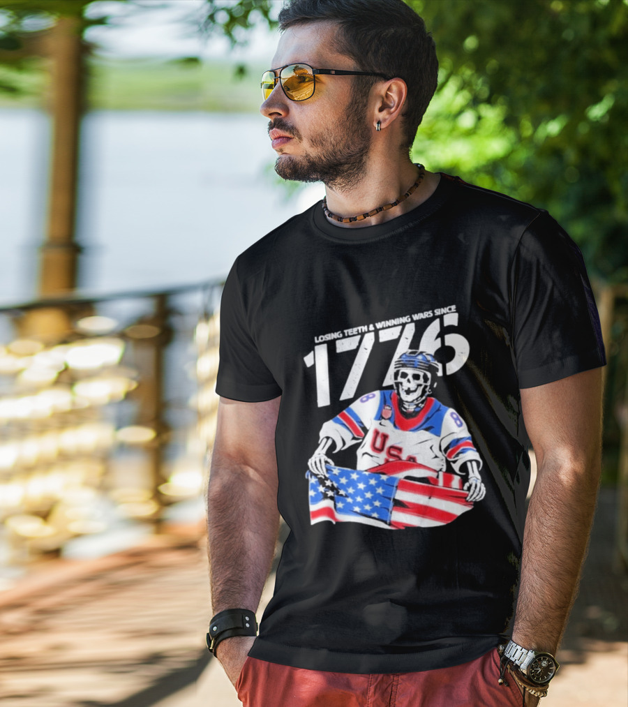 Losing Teeth Winning Wars Since 1776 USA Hockey Skeleton American Flag T-Shirt
