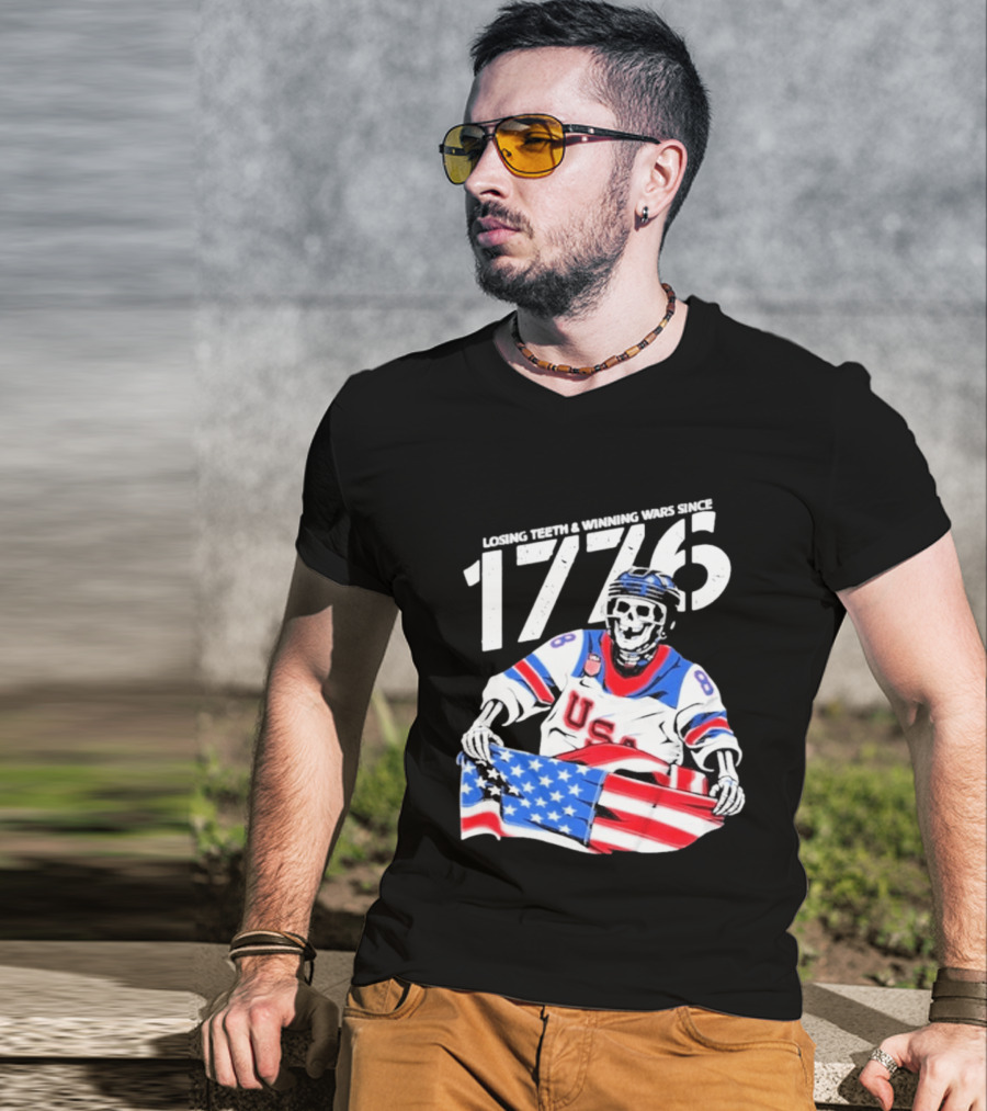 Losing Teeth Winning Wars Since 1776 USA Hockey Skeleton American Flag T-Shirt