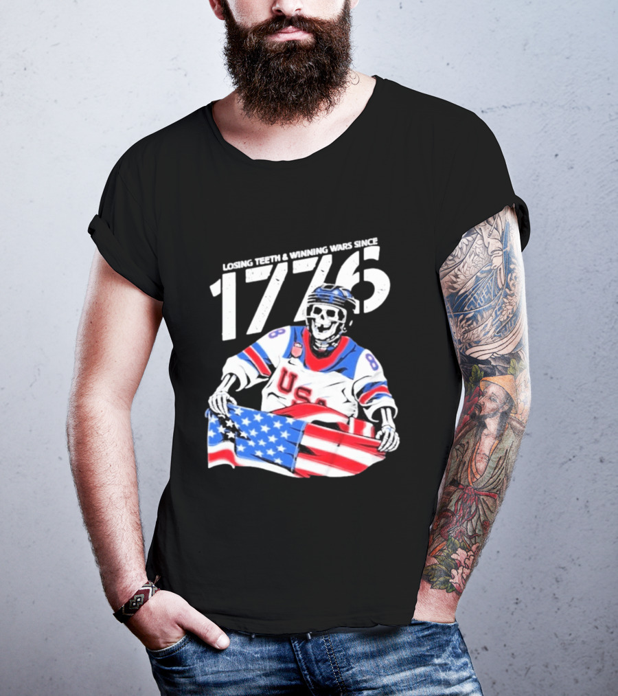 Losing Teeth Winning Wars Since 1776 USA Hockey Skeleton American Flag T-Shirt