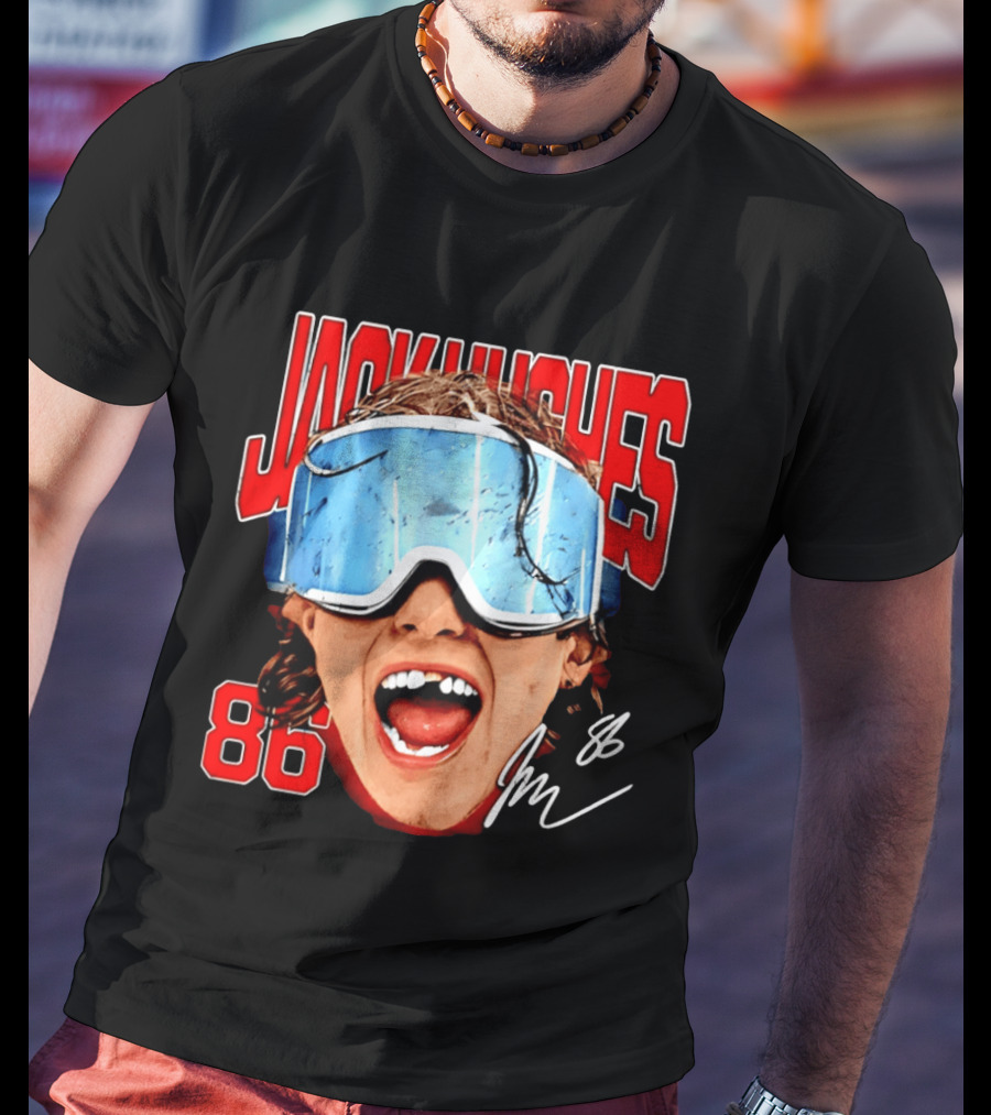 Jack Hughes New Jersey Devils 86 Goggles Signature T-Shirt