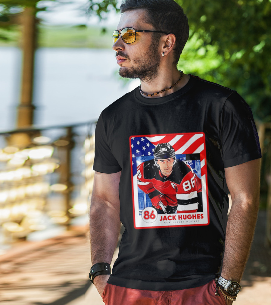 Jack Hughes 86 New Jersey Hockey American Flag T-Shirt