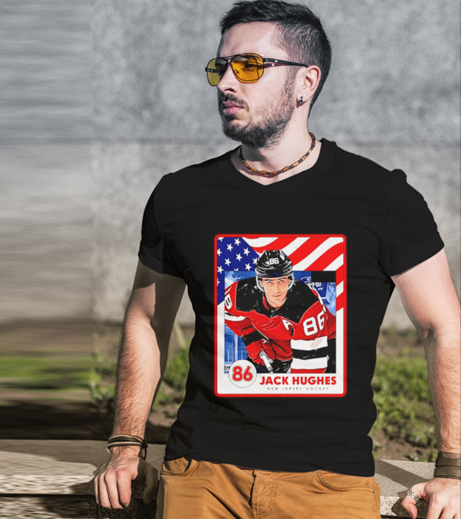 Jack Hughes 86 New Jersey Hockey American Flag T-Shirt