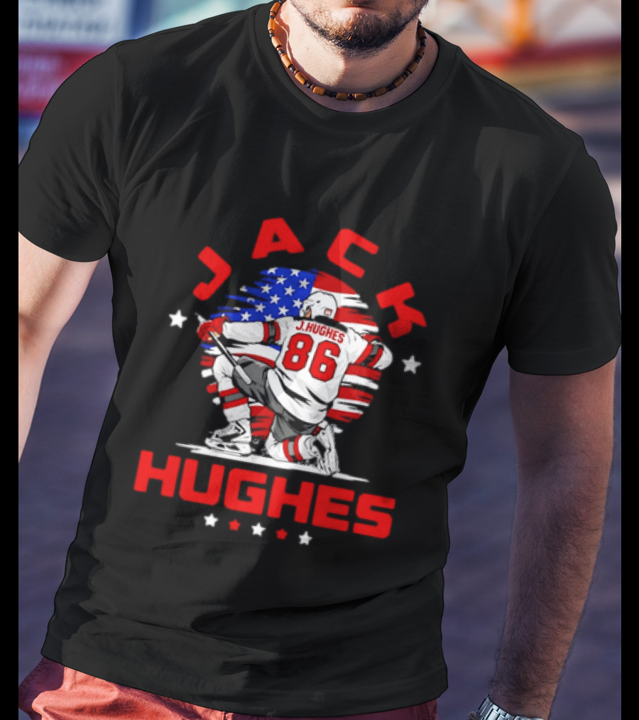 Jack Hughes 86 New Jersey Devils USA Flag Celebration T-Shirt