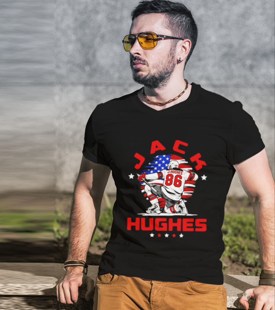 Jack Hughes 86 New Jersey Devils USA Flag Celebration T-Shirt