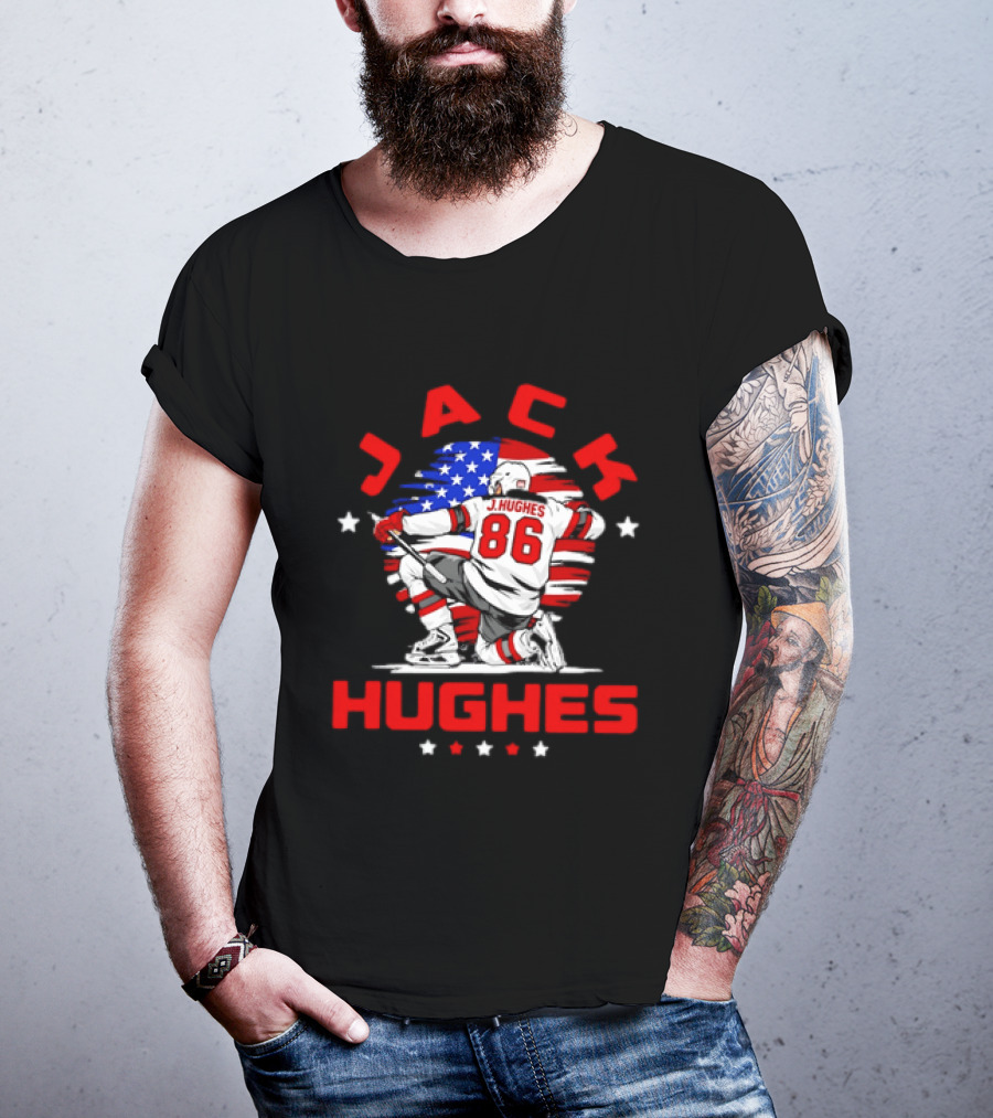 Jack Hughes 86 New Jersey Devils USA Flag Celebration T-Shirt
