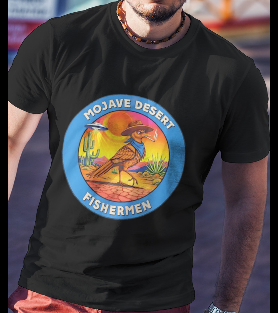Mojave Desert Fishermen UFO Roadrunner Cowboy Sunset Cactus Circle T-Shirt
