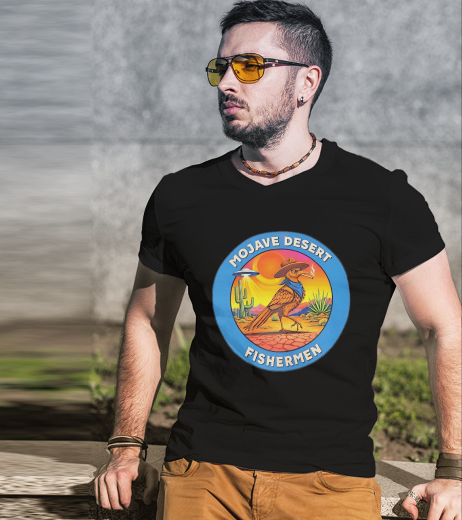 Mojave Desert Fishermen UFO Roadrunner Cowboy Sunset Cactus Circle T-Shirt