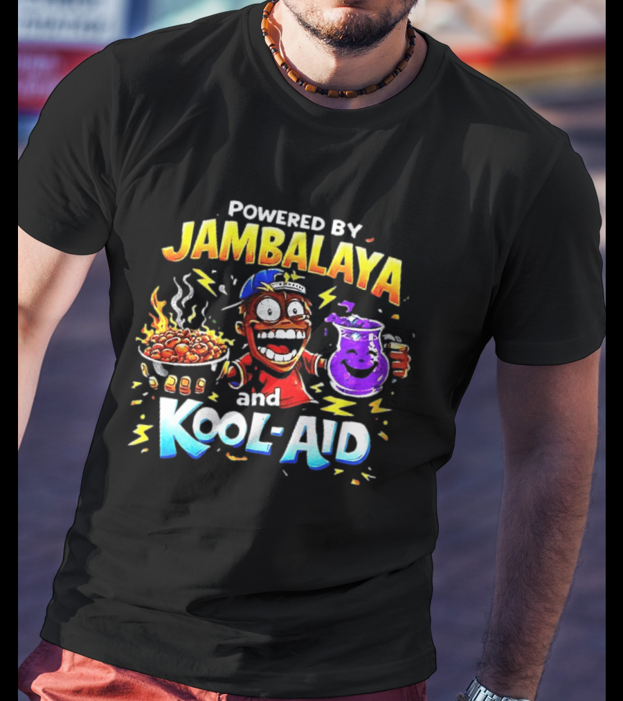 Powered By Jambalaya And Kool Aid Bold Colors Cartoon Character Fun T-Shirt