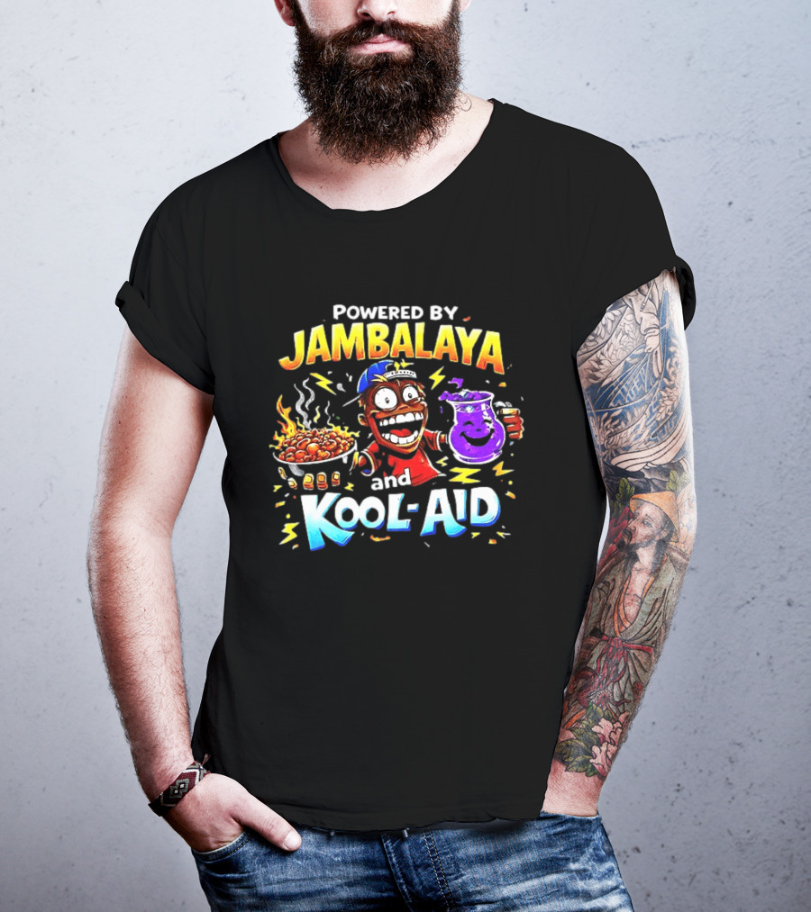 Powered By Jambalaya And Kool Aid Bold Colors Cartoon Character Fun T-Shirt