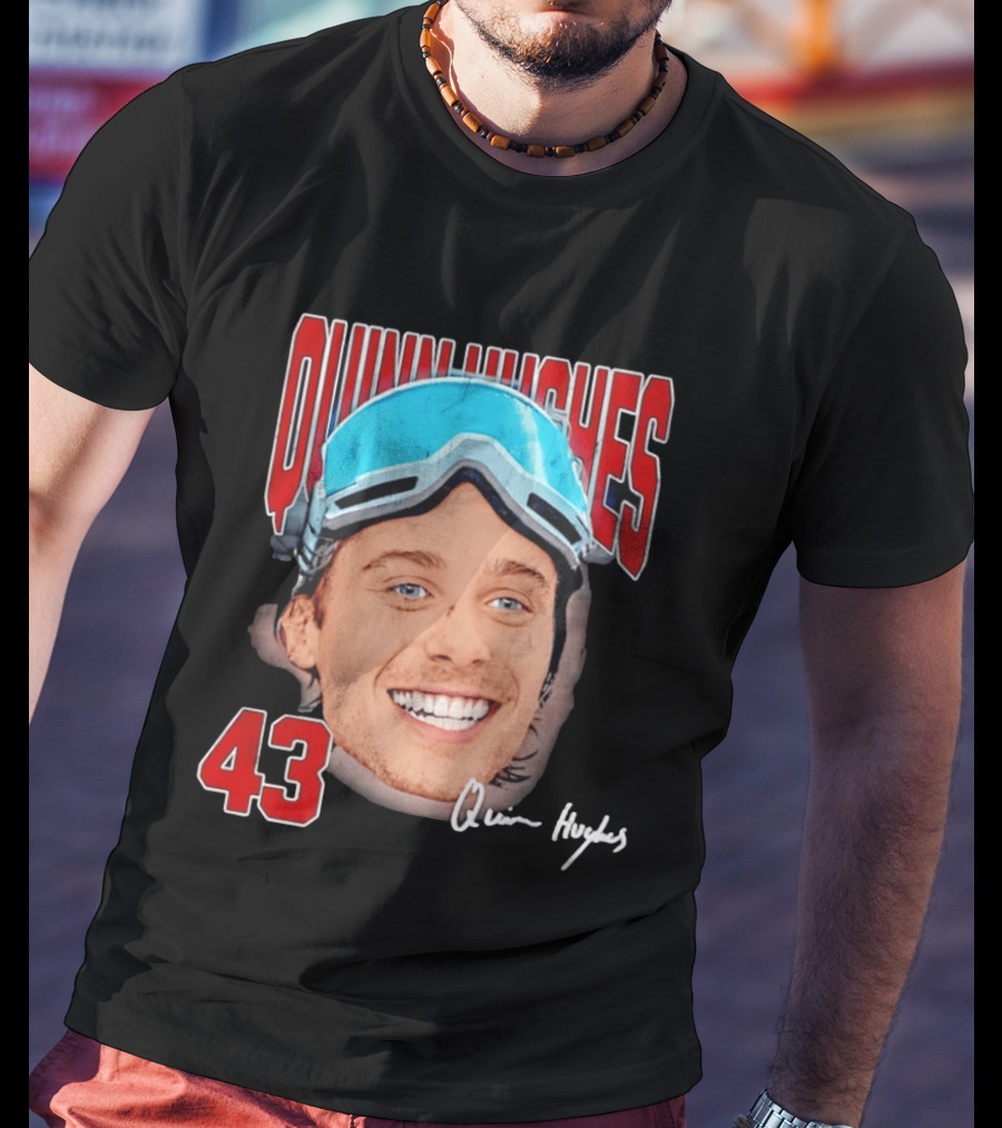 Quinn Hughes Big Head Goggles 43 Signature T-Shirt