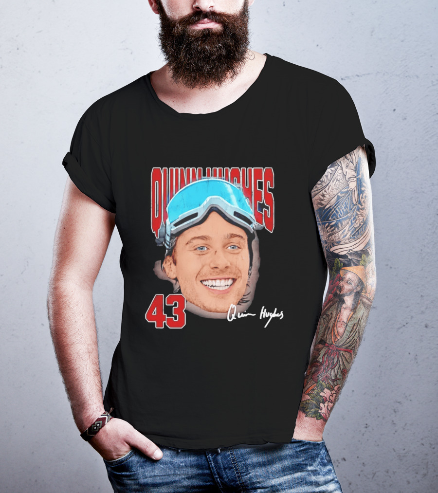 Quinn Hughes Big Head Goggles 43 Signature T-Shirt