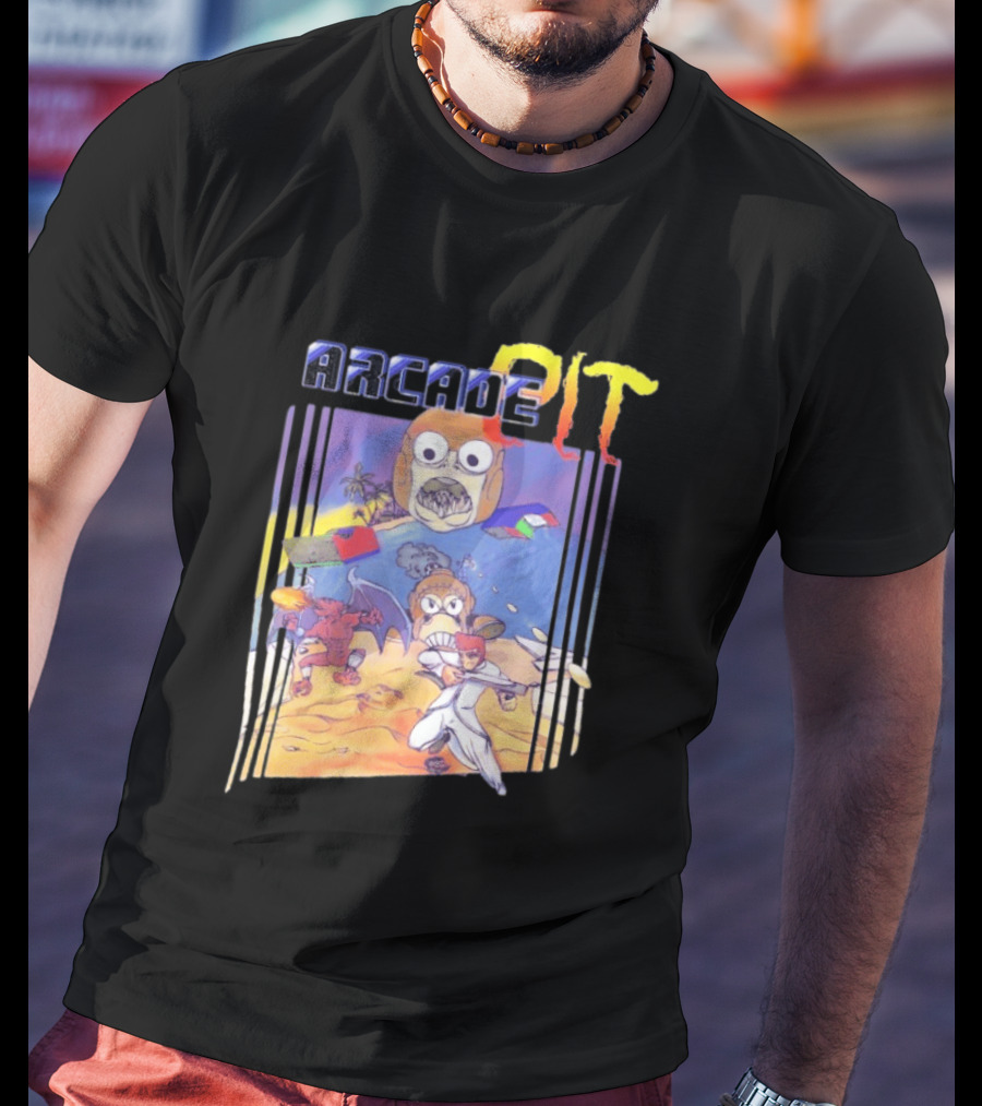 Arcade Pit Smight X Contra Characters And Cartoon Face Beach Scene T-Shirt