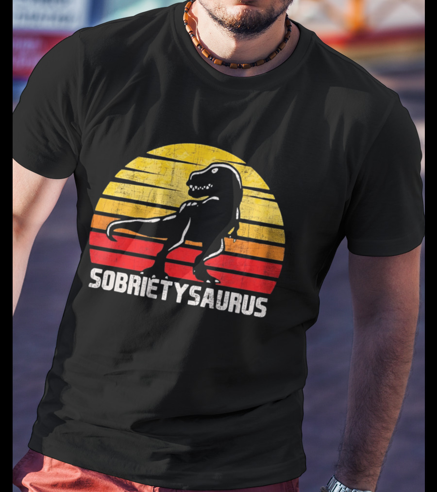 Sober Sobrietysaurus Sobriety Anniversary Recovery Rex Sunset T-Shirt