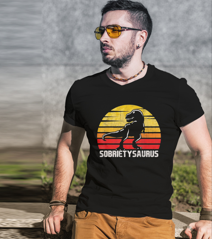 Sober Sobrietysaurus Sobriety Anniversary Recovery Rex Sunset T-Shirt