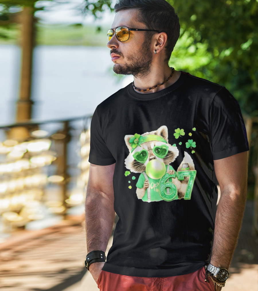 St Patrick's Day Raccoon With Shamrock Heart Glasses And 67 Bubblegum T-Shirt