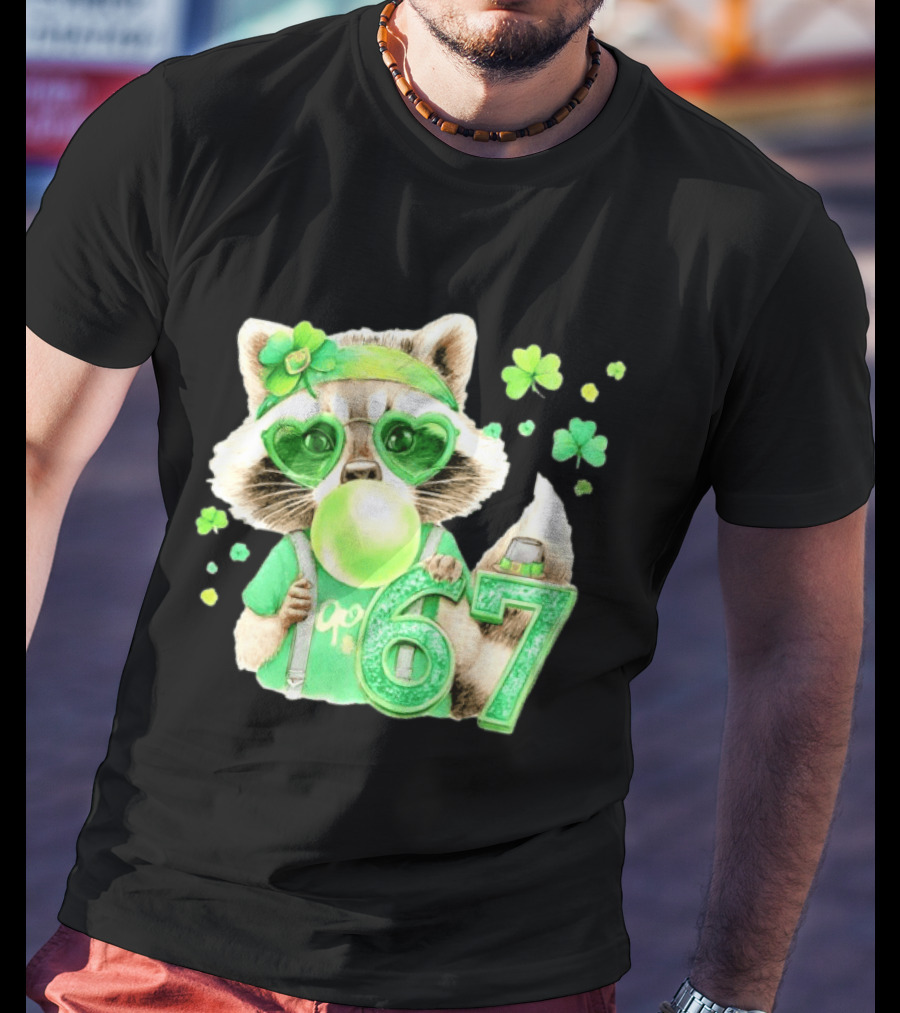 St Patrick's Day Raccoon With Shamrock Heart Glasses And 67 Bubblegum T-Shirt
