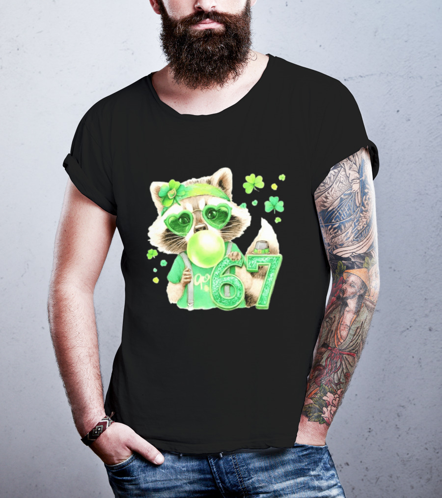 St Patrick's Day Raccoon With Shamrock Heart Glasses And 67 Bubblegum T-Shirt