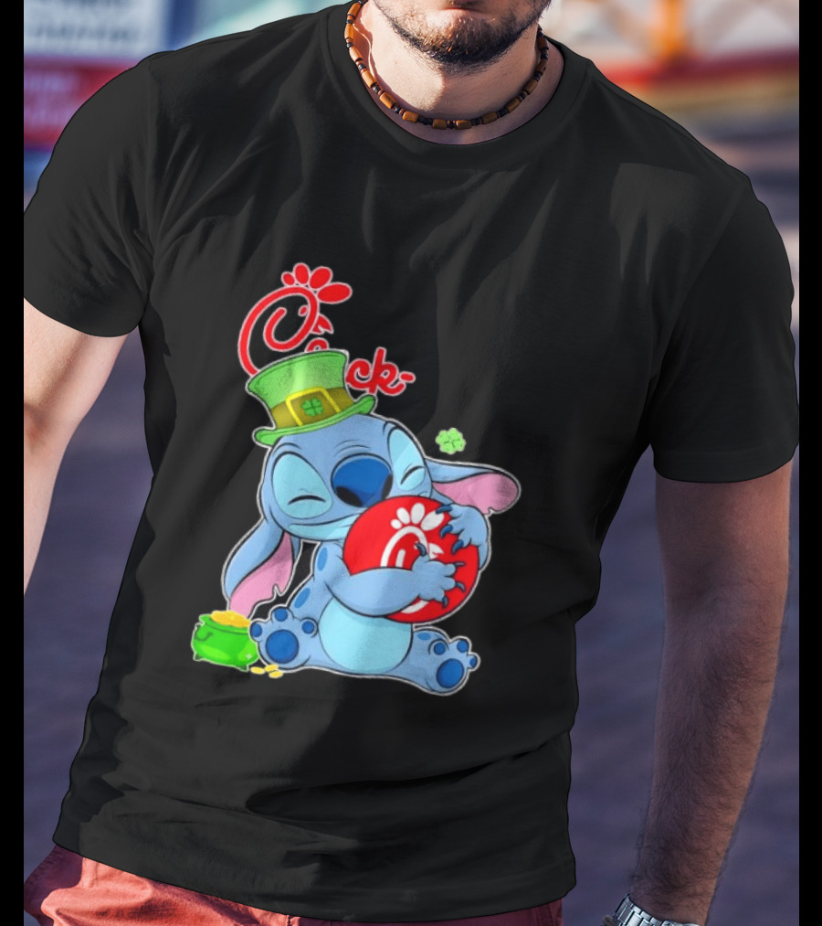 Stitch Holding Chick Fil A Logo With St. Patrick's Day Hat And Clover T-Shirt