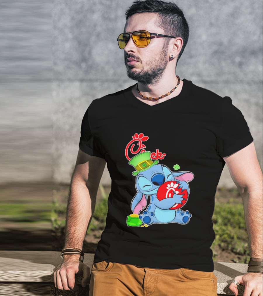 Stitch Holding Chick Fil A Logo With St. Patrick's Day Hat And Clover T-Shirt